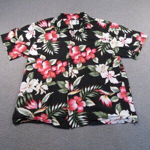 KY's Men's Hawaiian Shirt XL Black Floral Print Pocket Short Sleeve USA Made